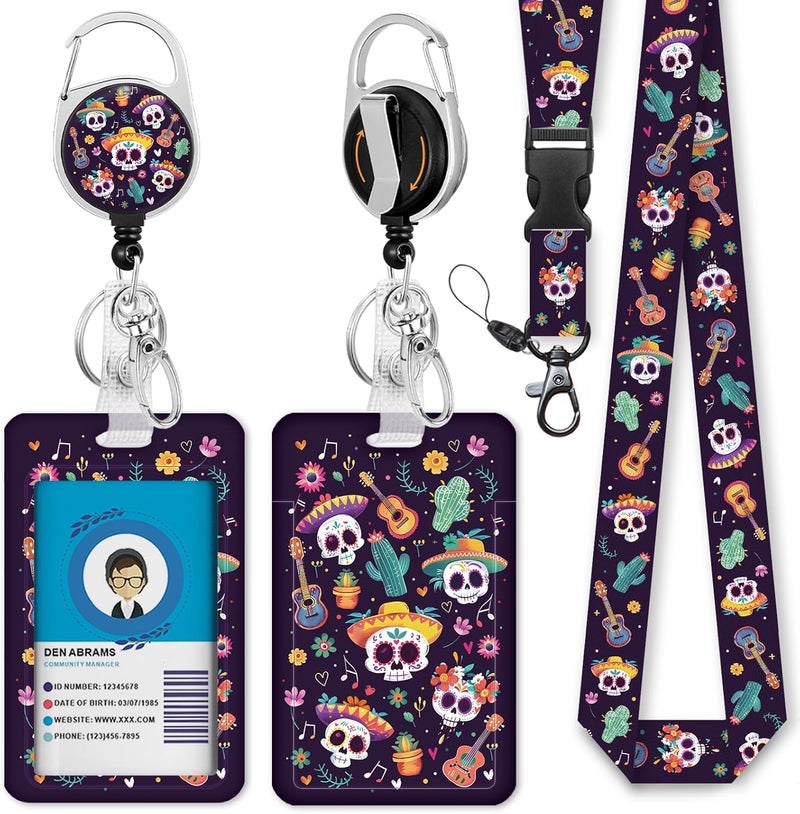 GIANCOMICS Day of The Dead Lanyards for Id Badges, Sugar Skull ID Badge Holder with Lanyard Badge Reel Retractable, Spooky Lanyard with ID Holder Keychain Clip Name Tag ID Card Holder Women Office - Image 1